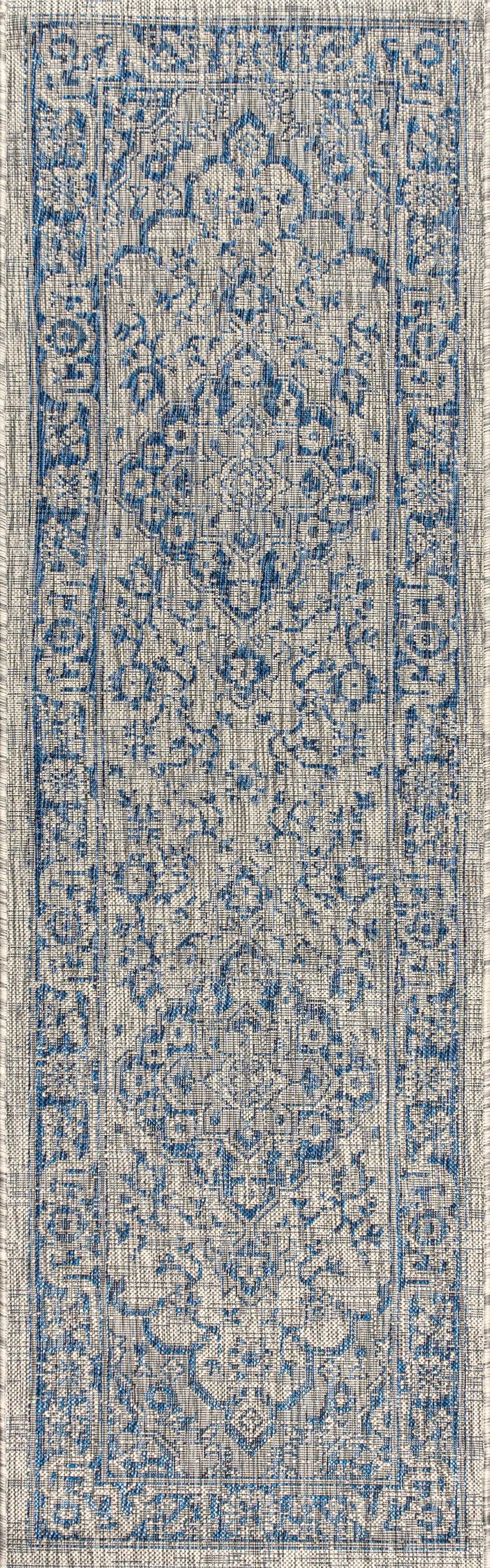 8' Gray And Navy Blue Medallion Indoor Outdoor Runner Rug Homeroots Outdoor