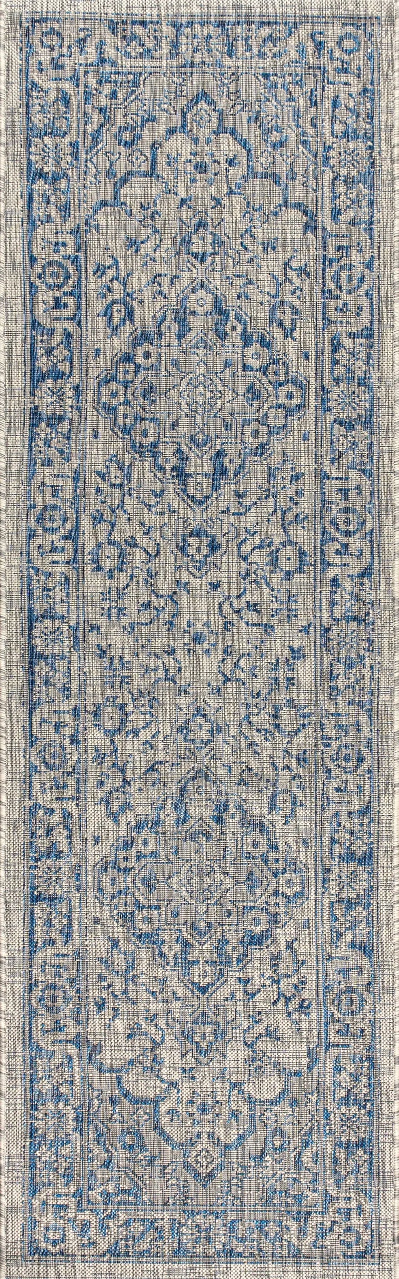 8' Gray And Navy Blue Medallion Indoor Outdoor Runner Rug Homeroots Outdoor