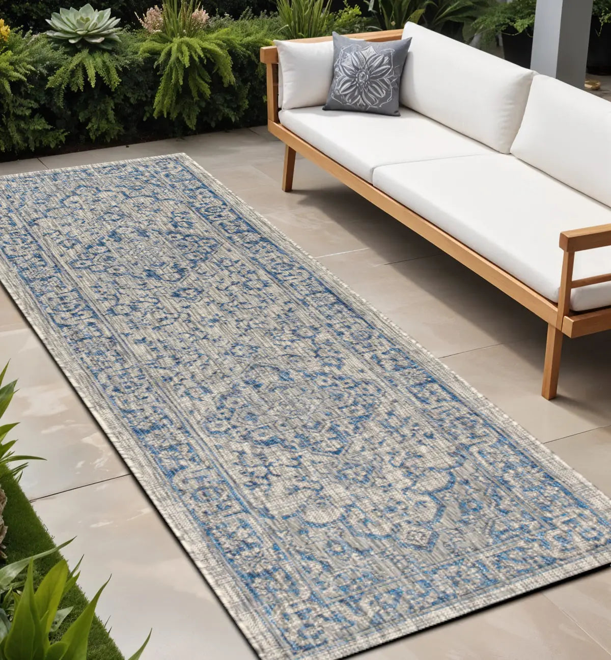 8' Gray And Navy Blue Medallion Indoor Outdoor Runner Rug Homeroots Outdoor