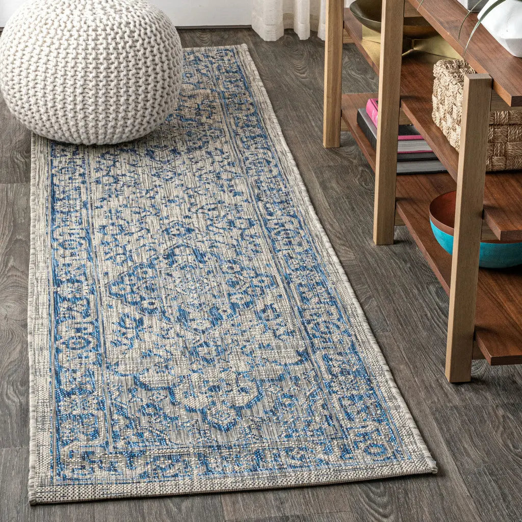 8' Gray And Navy Blue Medallion Indoor Outdoor Runner Rug Homeroots Outdoor