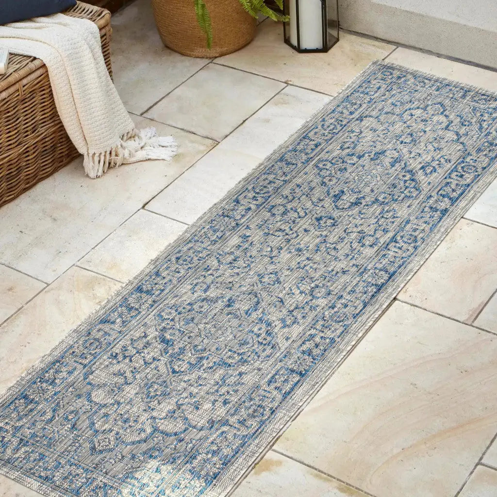 8' Gray And Navy Blue Medallion Indoor Outdoor Runner Rug Homeroots Outdoor
