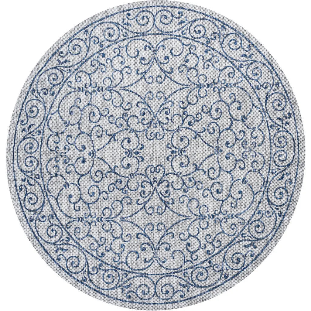 8' Gray And Navy Blue Round Medallion Indoor Outdoor Area Rug Homeroots Outdoor