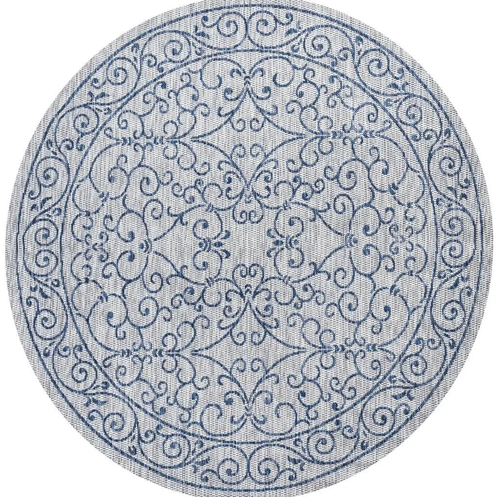 8' Gray And Navy Blue Round Medallion Indoor Outdoor Area Rug Homeroots Outdoor