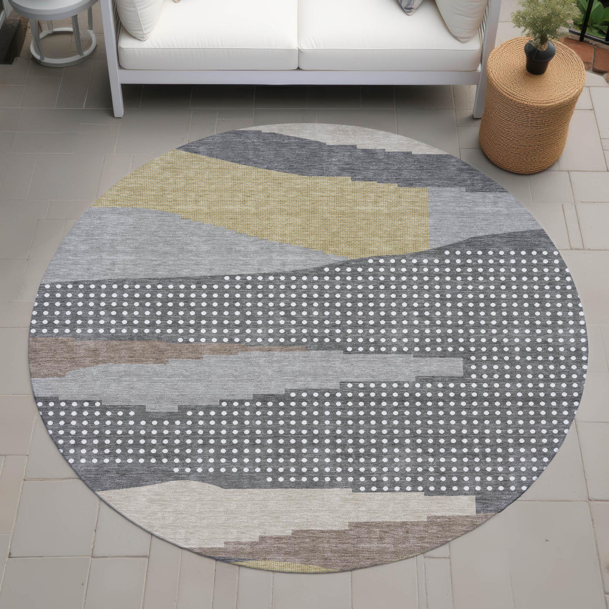 8' Gray And Pewter Round Abstract Washable Indoor Outdoor Area Rug Homeroots Outdoor