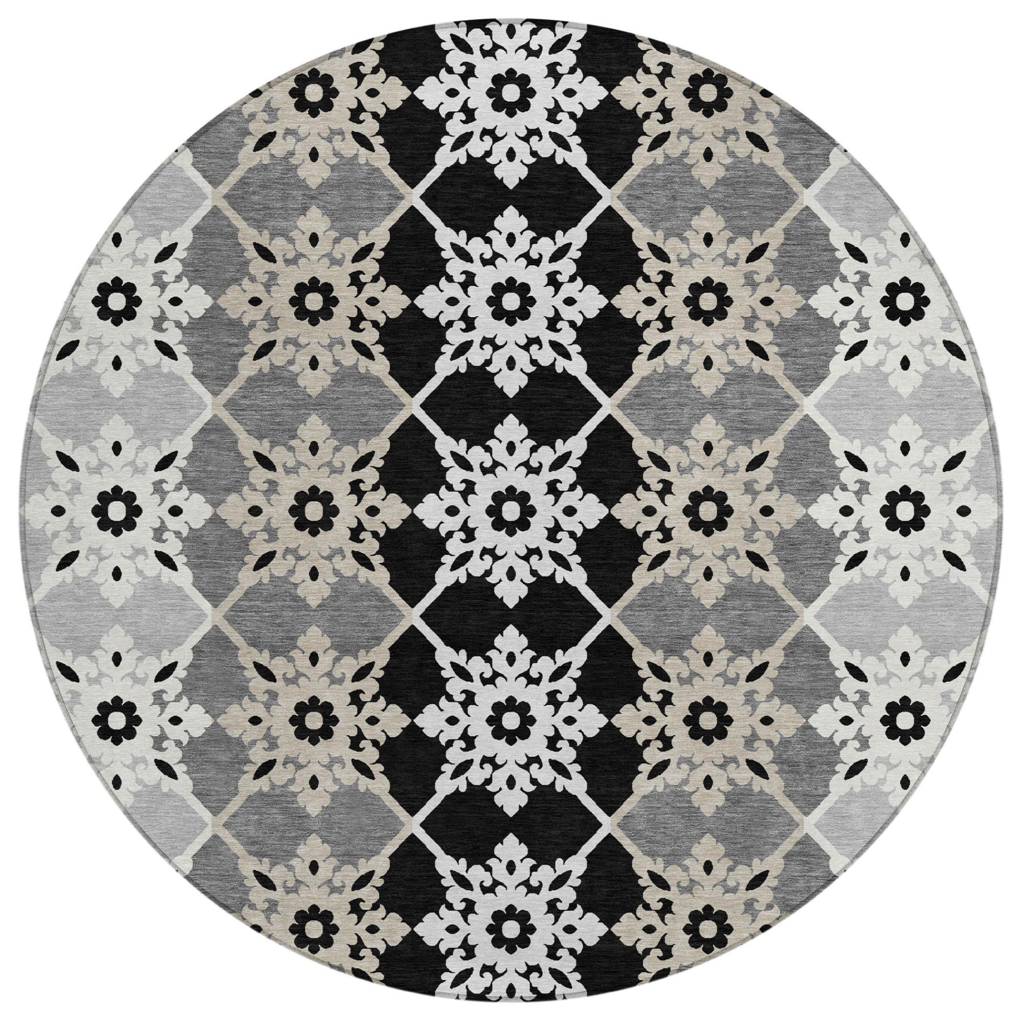 8' Gray And Pewter Round Floral Medallion Washable Indoor Outdoor Area Rug Homeroots Outdoor