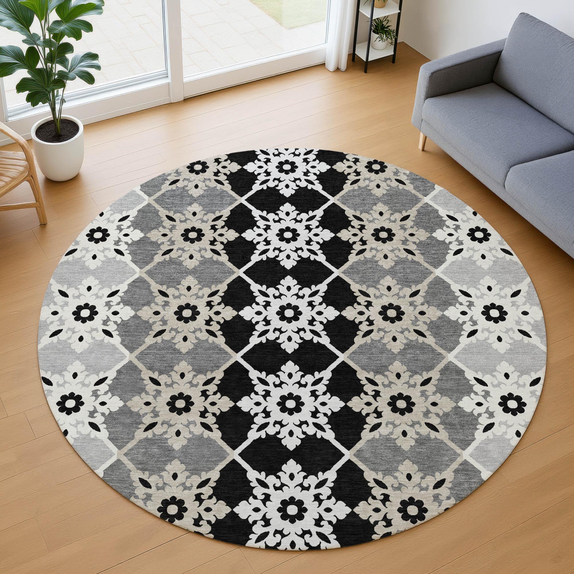 8' Gray And Pewter Round Floral Medallion Washable Indoor Outdoor Area Rug Homeroots Outdoor