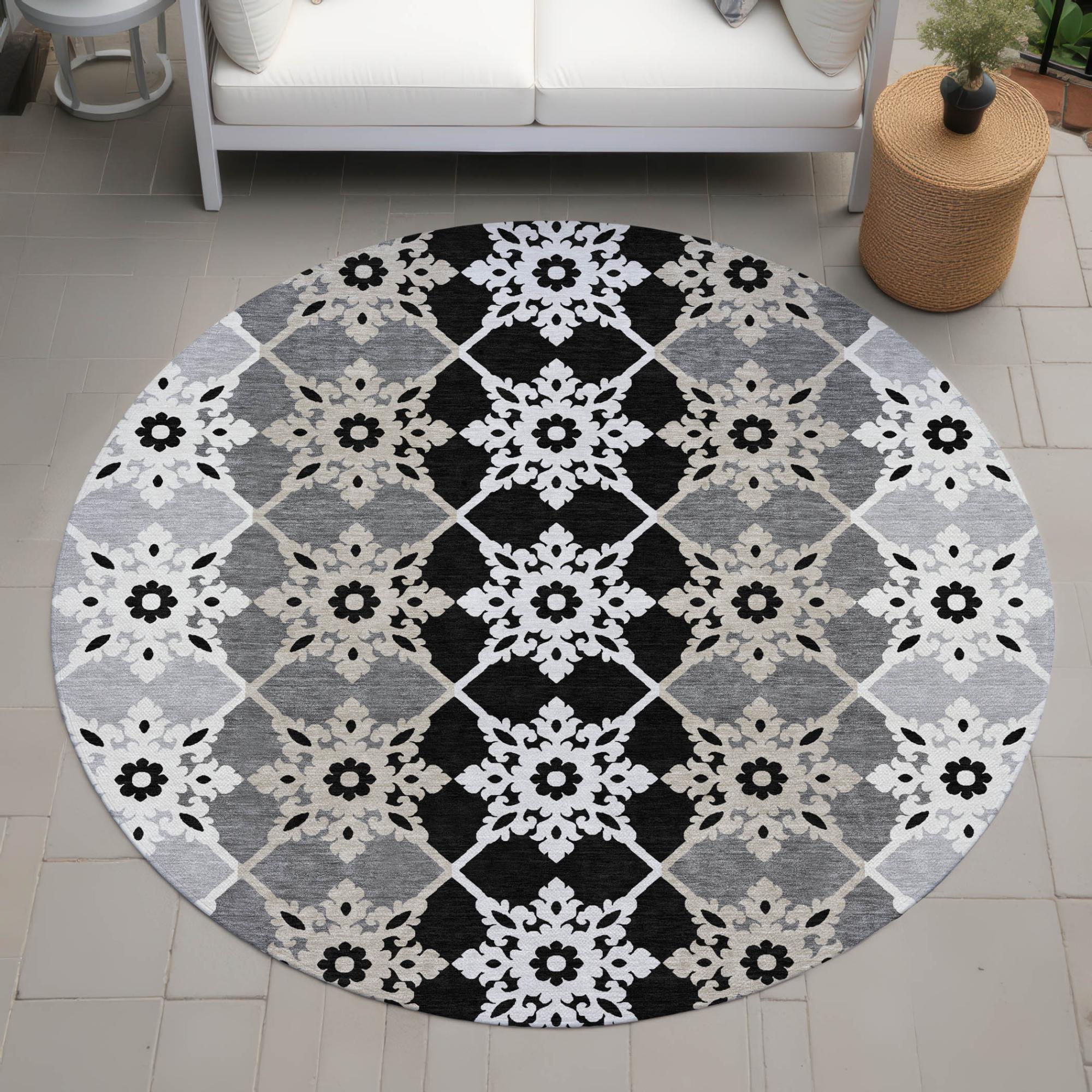 8' Gray And Pewter Round Floral Medallion Washable Indoor Outdoor Area Rug Homeroots Outdoor