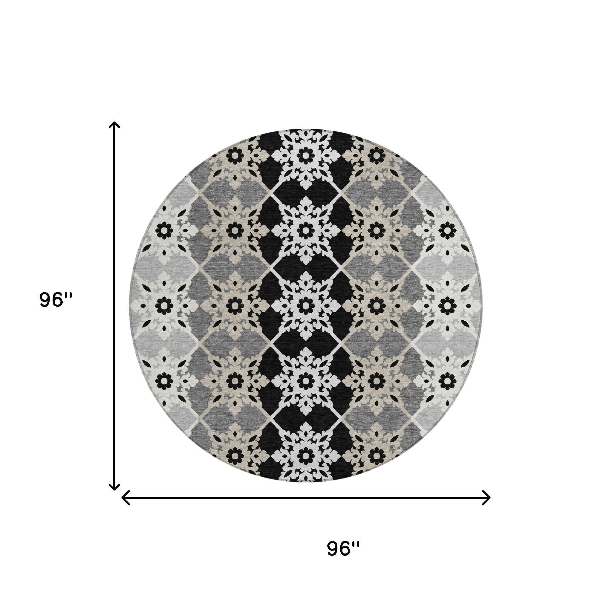 8' Gray And Pewter Round Floral Medallion Washable Indoor Outdoor Area Rug Homeroots Outdoor