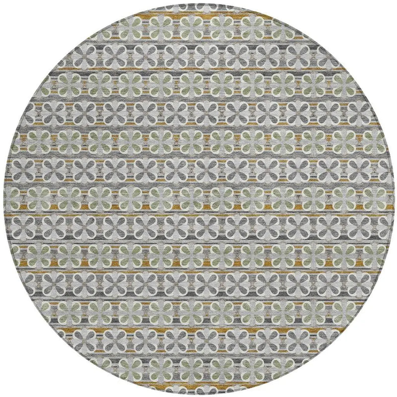 8' Gray And Pink Round Striped Washable Indoor Outdoor Area Rug Homeroots Outdoor