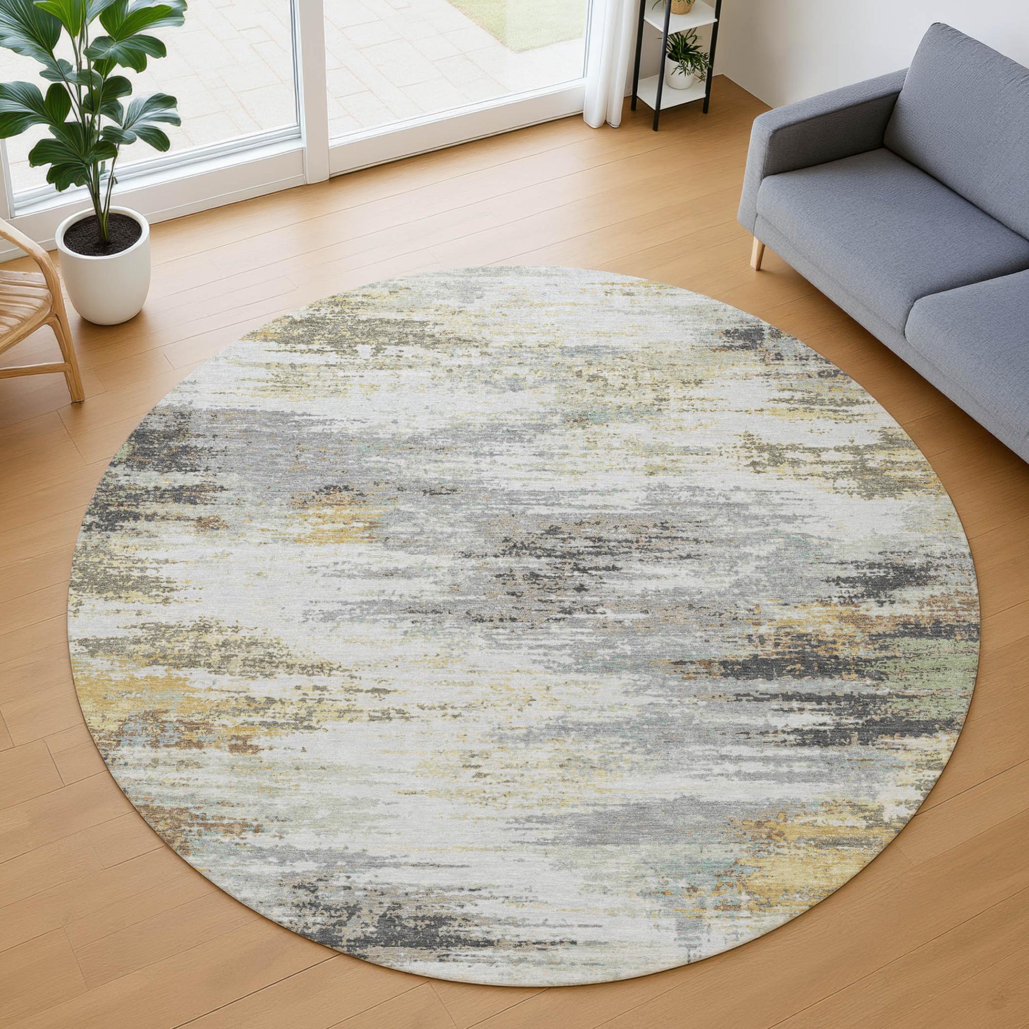 8' Gray And Silver Round Abstract Washable Indoor Outdoor Area Rug Homeroots Outdoor