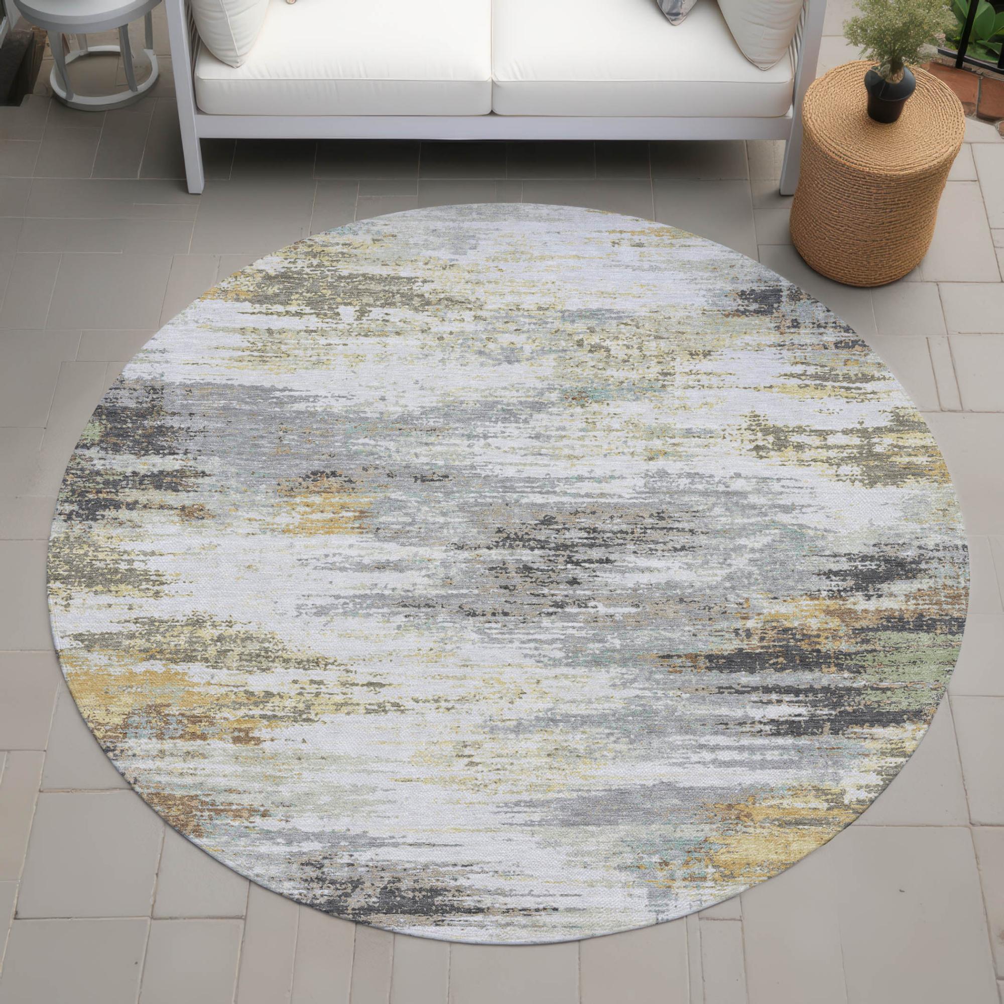 8' Gray And Silver Round Abstract Washable Indoor Outdoor Area Rug Homeroots Outdoor