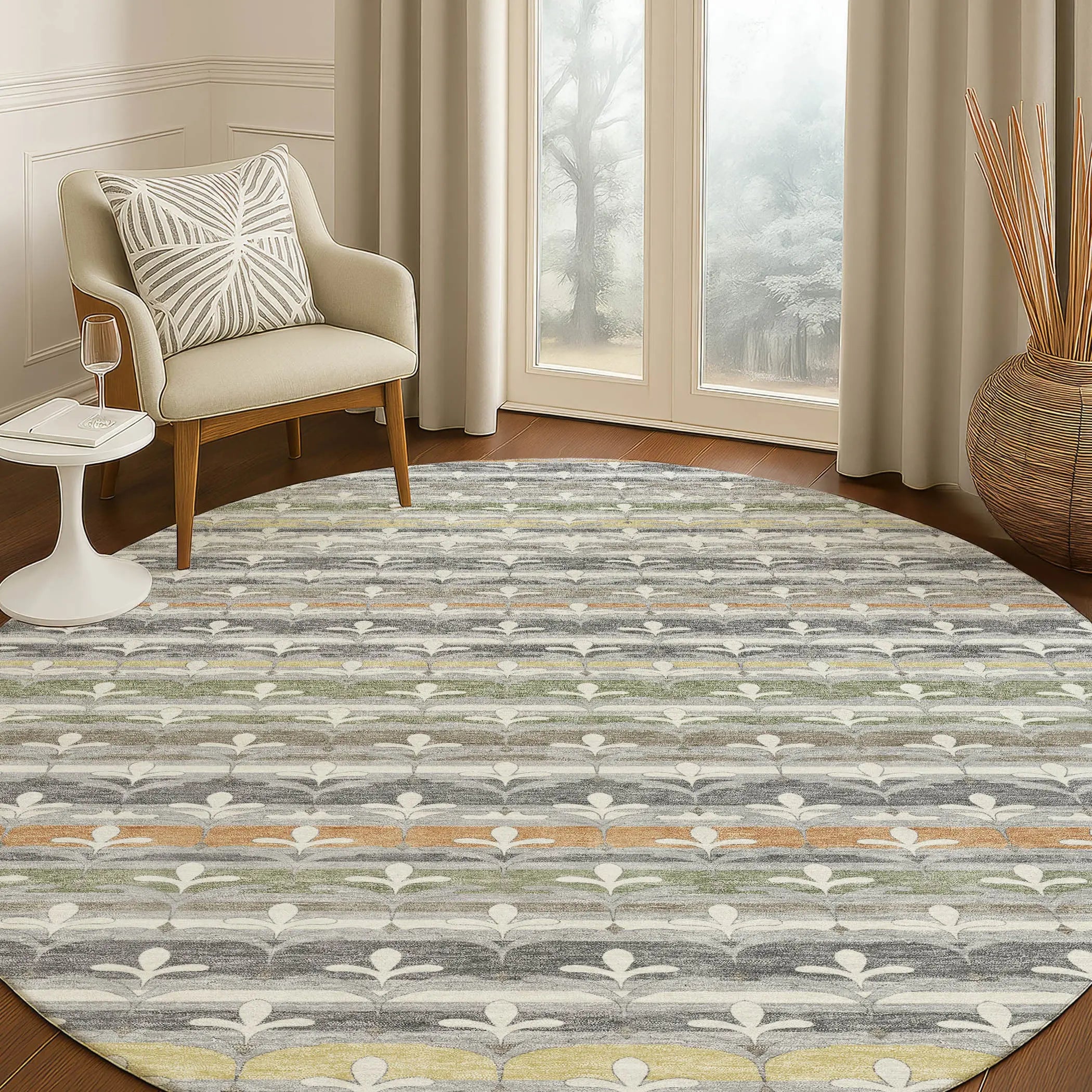 8' Gray And Silver Round Damask Washable Indoor Outdoor Area Rug Homeroots Outdoor