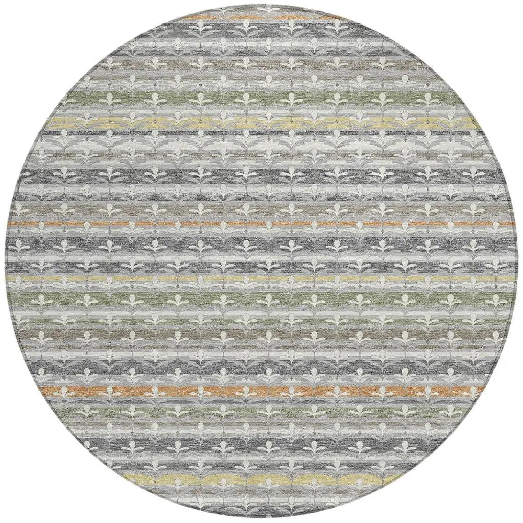 8' Gray And Silver Round Damask Washable Indoor Outdoor Area Rug Homeroots Outdoor