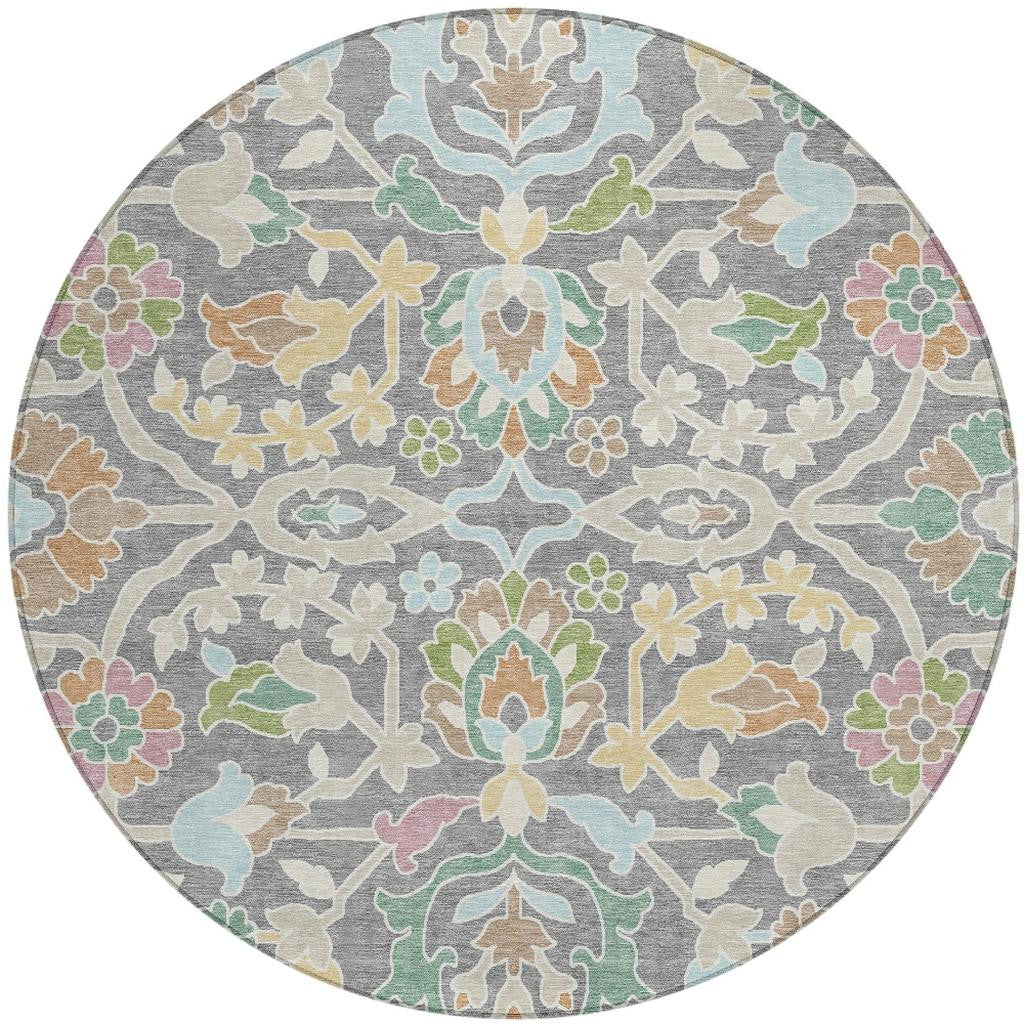 8' Gray And Silver Round Floral Washable Indoor Outdoor Area Rug Homeroots Outdoor
