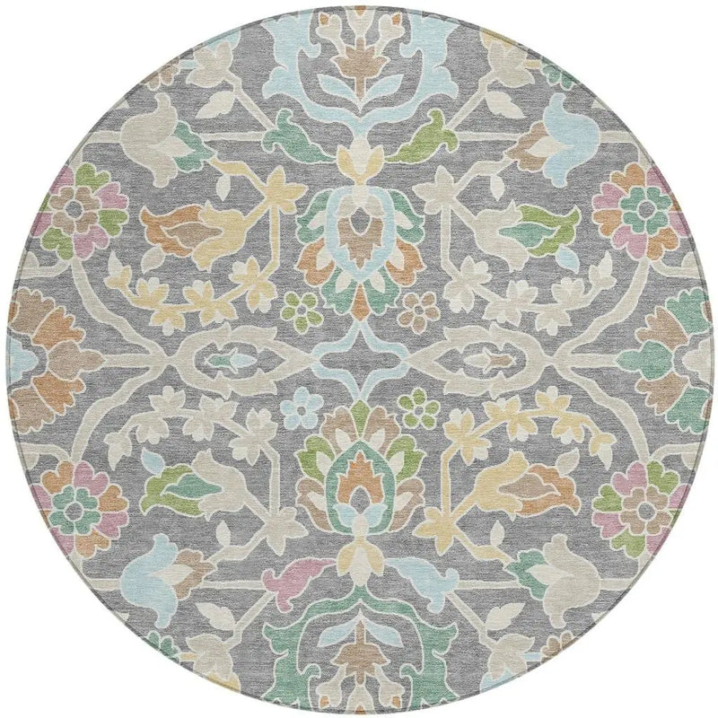 8' Gray And Silver Round Floral Washable Indoor Outdoor Area Rug Homeroots Outdoor
