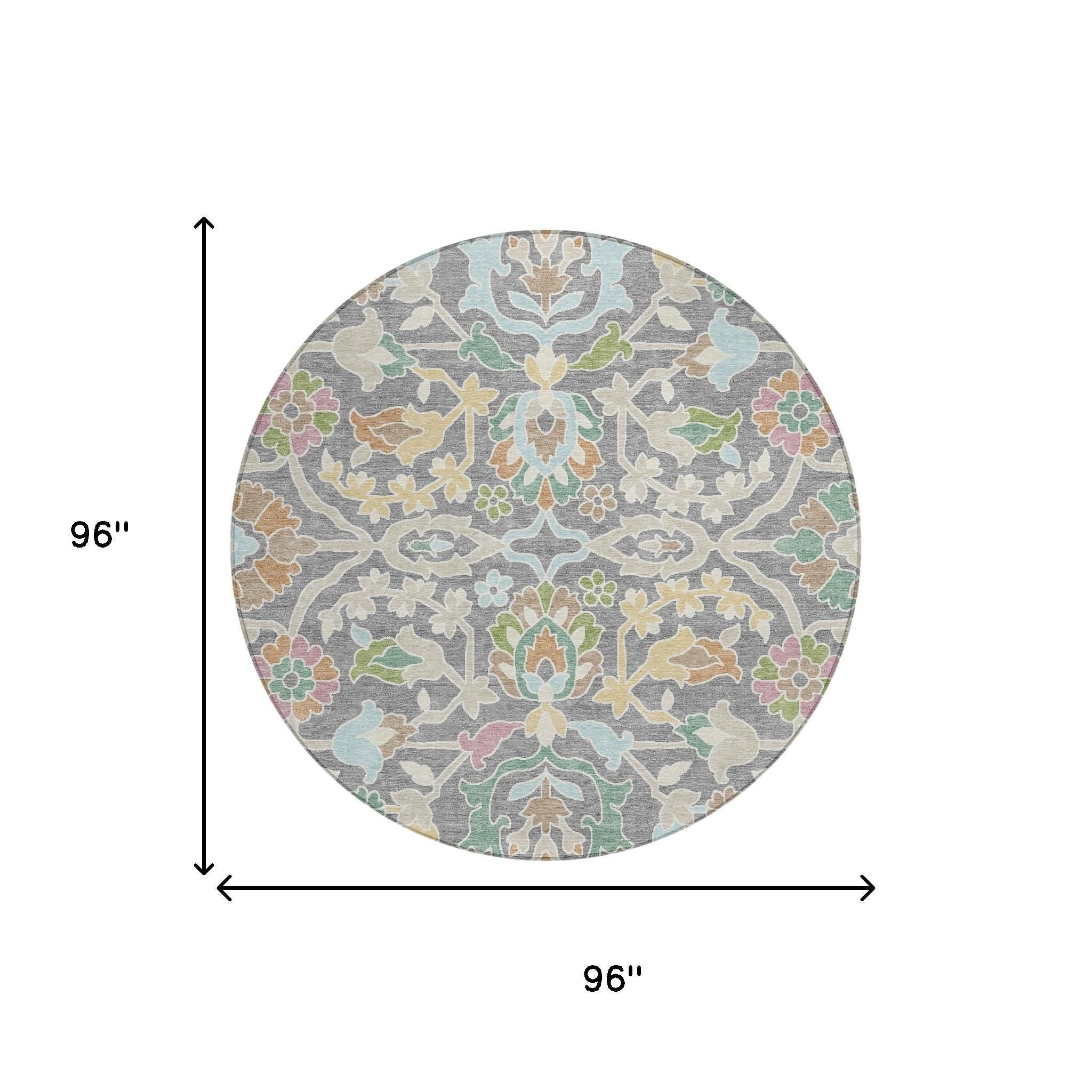8' Gray And Silver Round Floral Washable Indoor Outdoor Area Rug Homeroots Outdoor