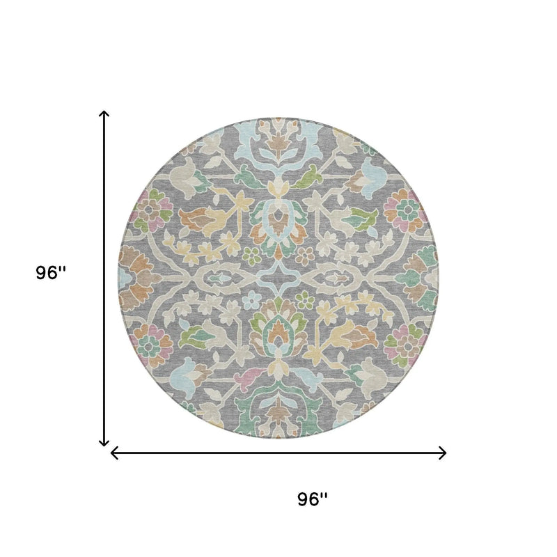 8' Gray And Silver Round Floral Washable Indoor Outdoor Area Rug Homeroots Outdoor