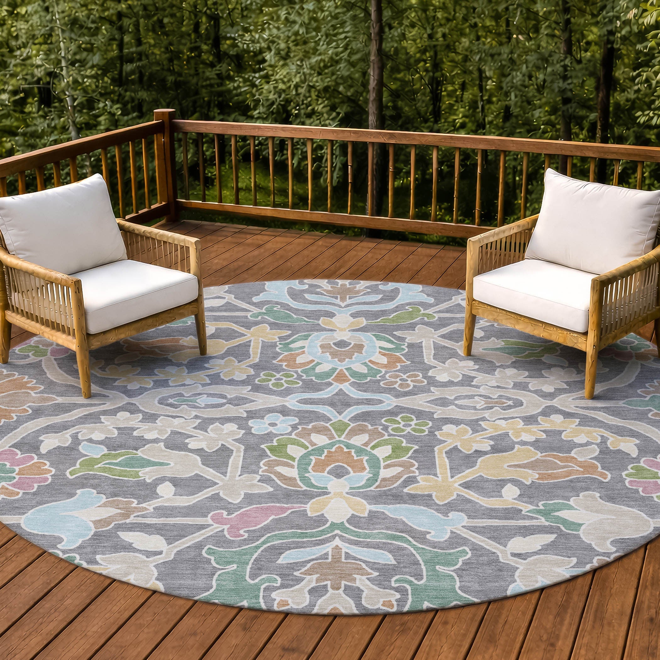 8' Gray And Silver Round Floral Washable Indoor Outdoor Area Rug Homeroots Outdoor