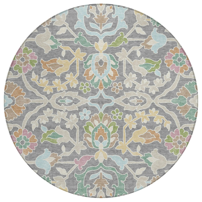 8' Gray And Silver Round Floral Washable Indoor Outdoor Area Rug Homeroots Outdoor