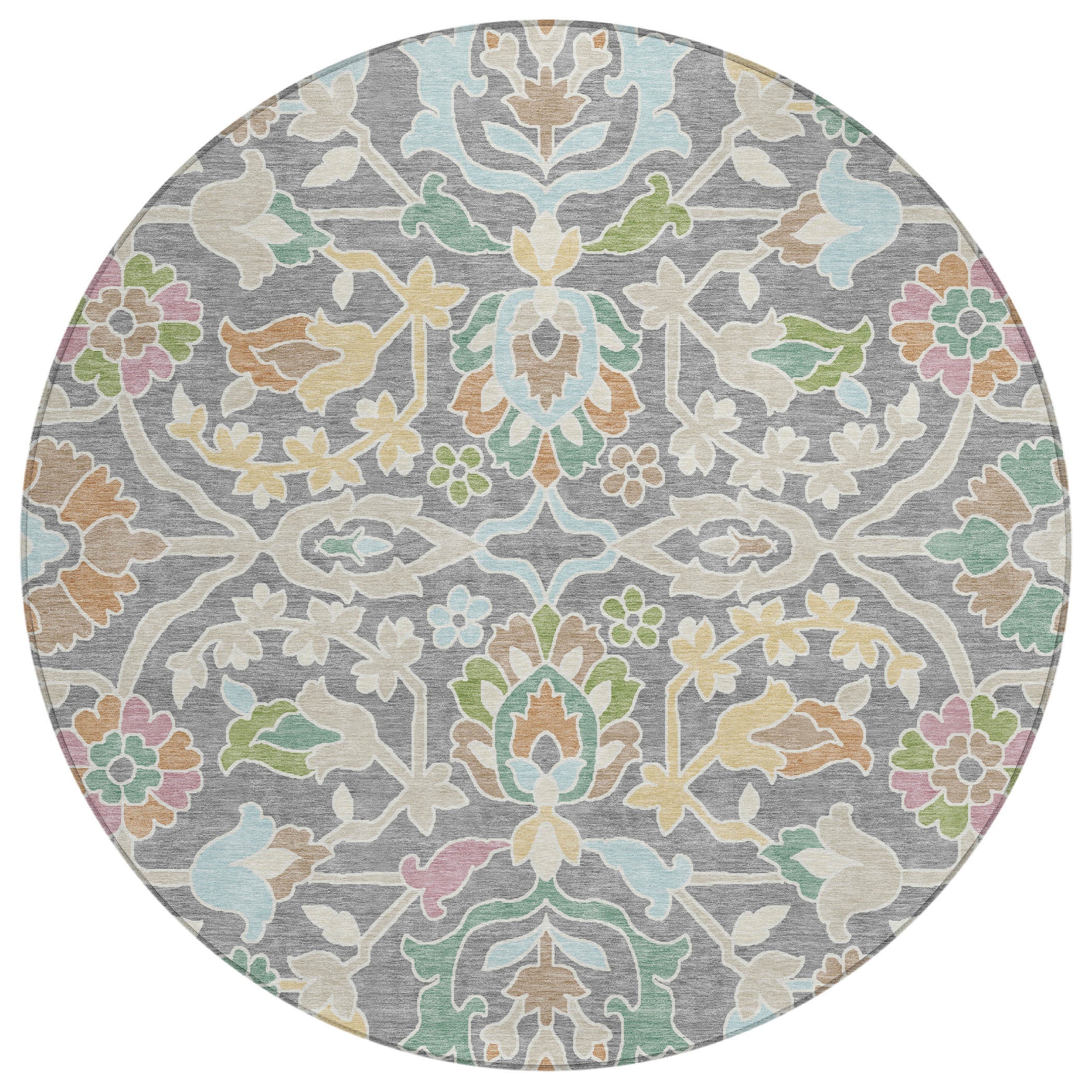 8' Gray And Silver Round Floral Washable Indoor Outdoor Area Rug Homeroots Outdoor