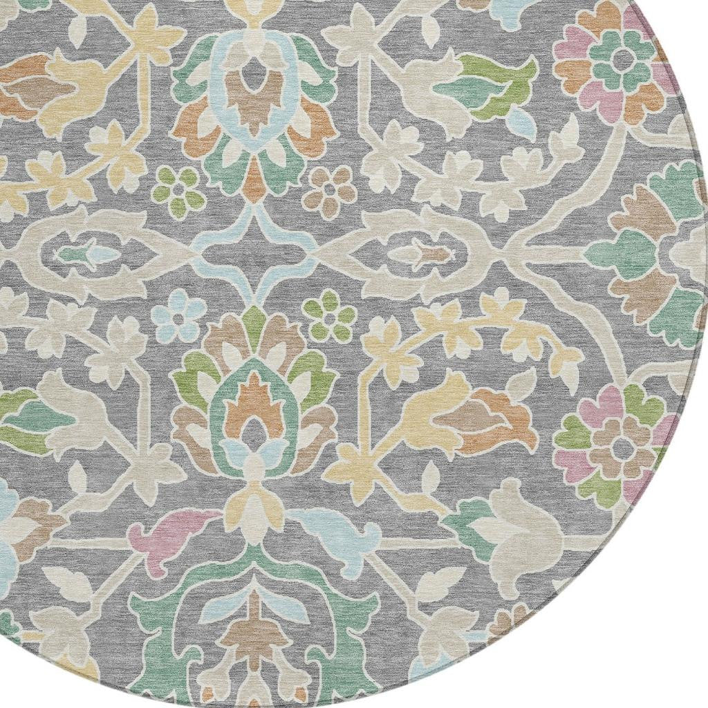 8' Gray And Silver Round Floral Washable Indoor Outdoor Area Rug Homeroots Outdoor