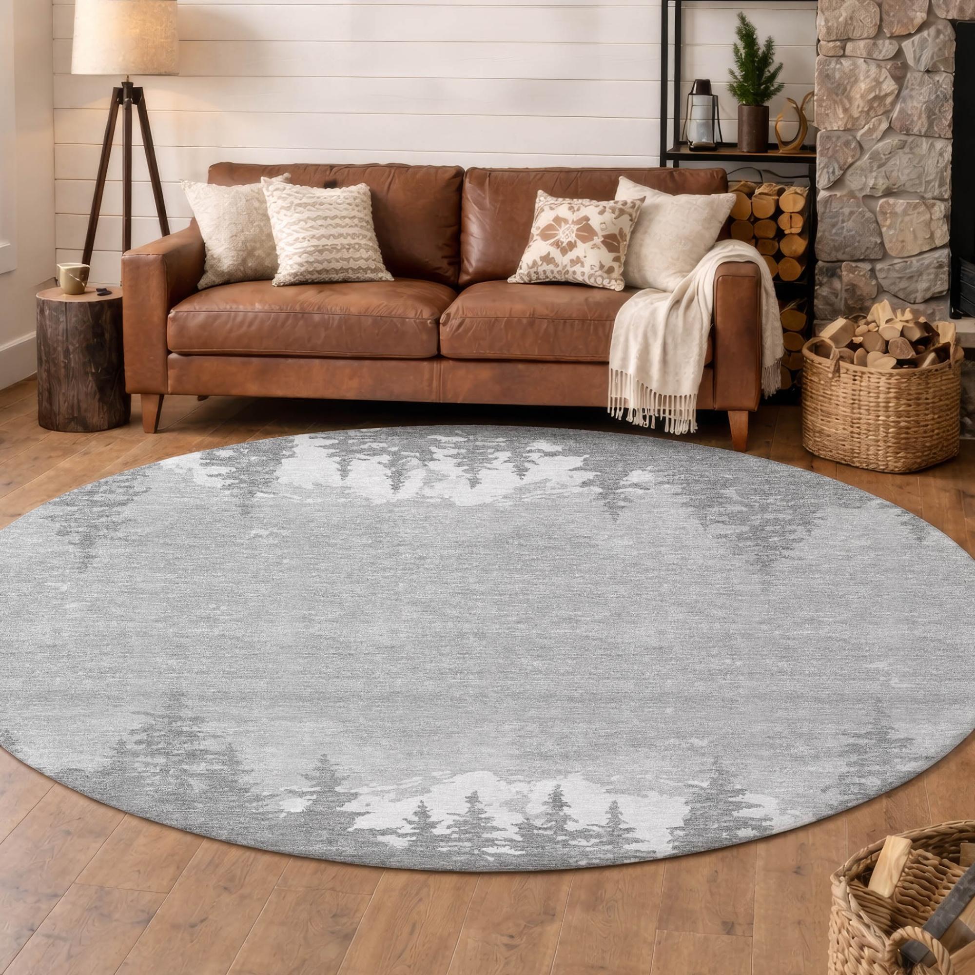 8' Gray And Silver Round Floral Washable Indoor Outdoor Area Rug Homeroots Outdoor