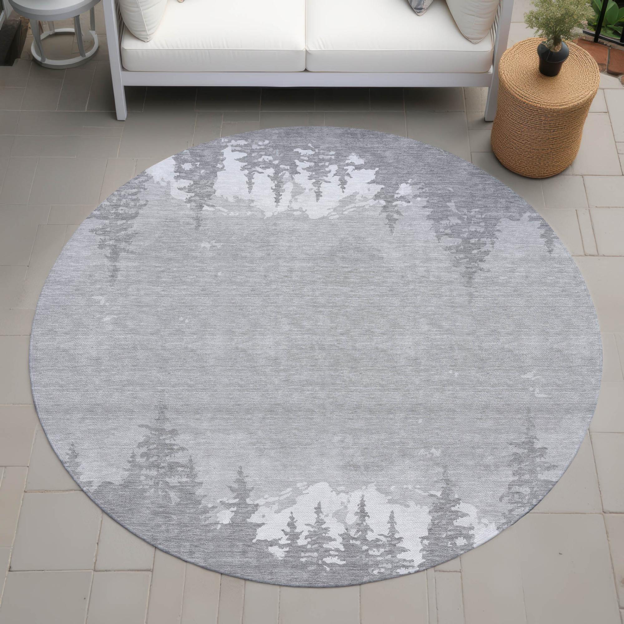 8' Gray And Silver Round Floral Washable Indoor Outdoor Area Rug Homeroots Outdoor