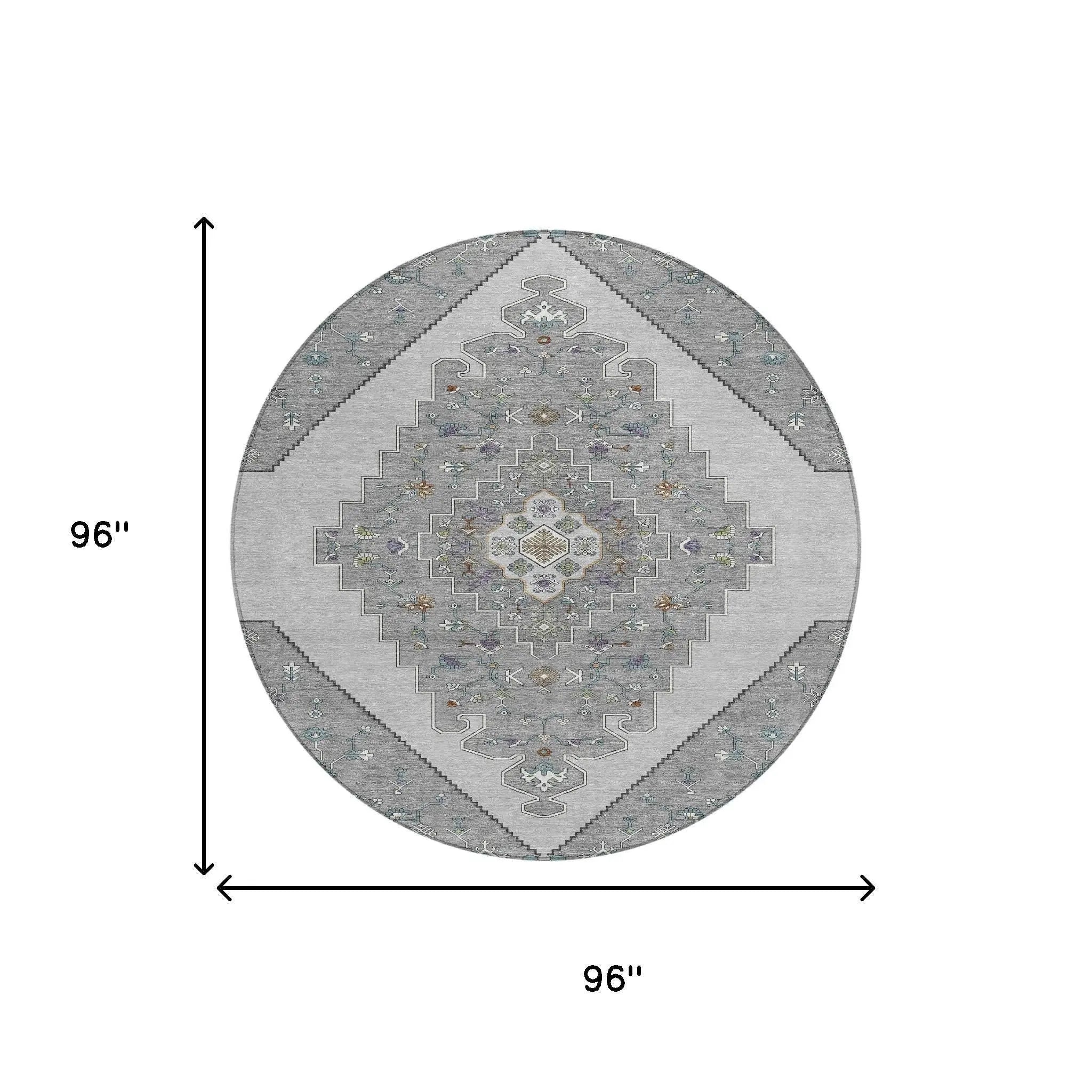 8' Gray And Silver Round Geometric Washable Indoor Outdoor Area Rug Homeroots Outdoor