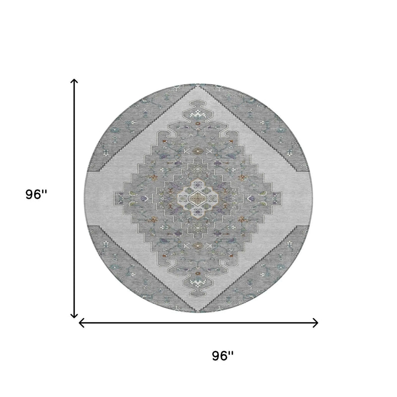 8' Gray And Silver Round Geometric Washable Indoor Outdoor Area Rug Homeroots Outdoor