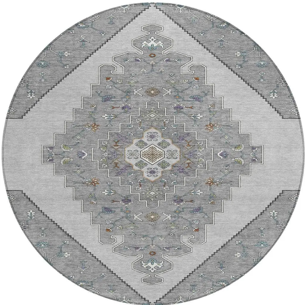 8' Gray And Silver Round Geometric Washable Indoor Outdoor Area Rug Homeroots Outdoor