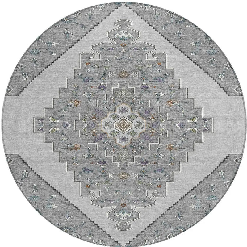 8' Gray And Silver Round Geometric Washable Indoor Outdoor Area Rug Homeroots Outdoor