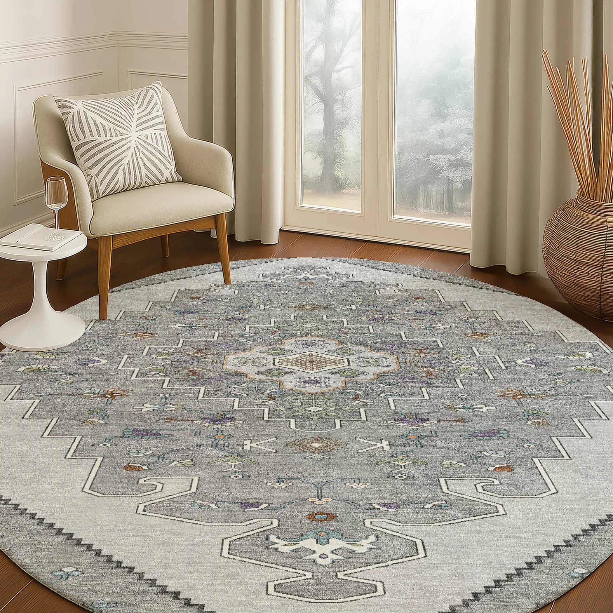 8' Gray And Silver Round Geometric Washable Indoor Outdoor Area Rug Homeroots Outdoor