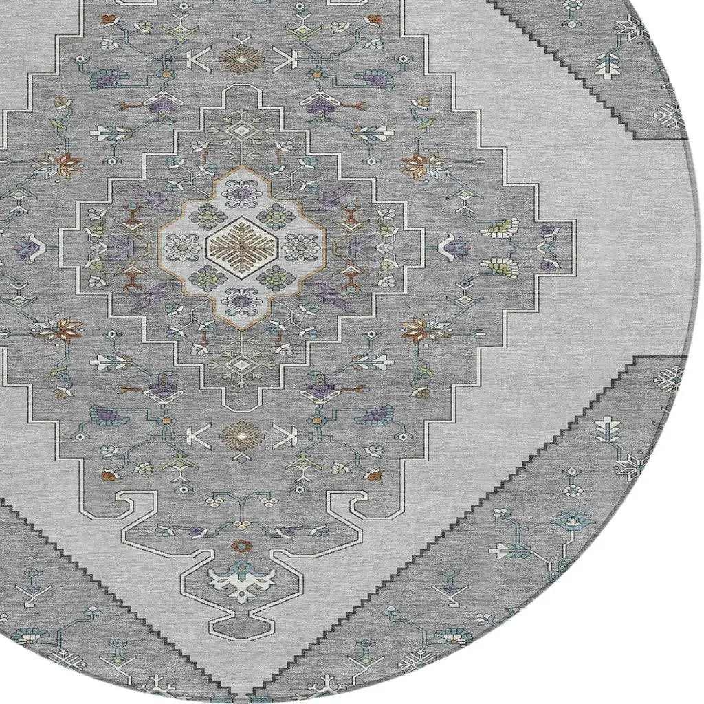 8' Gray And Silver Round Geometric Washable Indoor Outdoor Area Rug Homeroots Outdoor