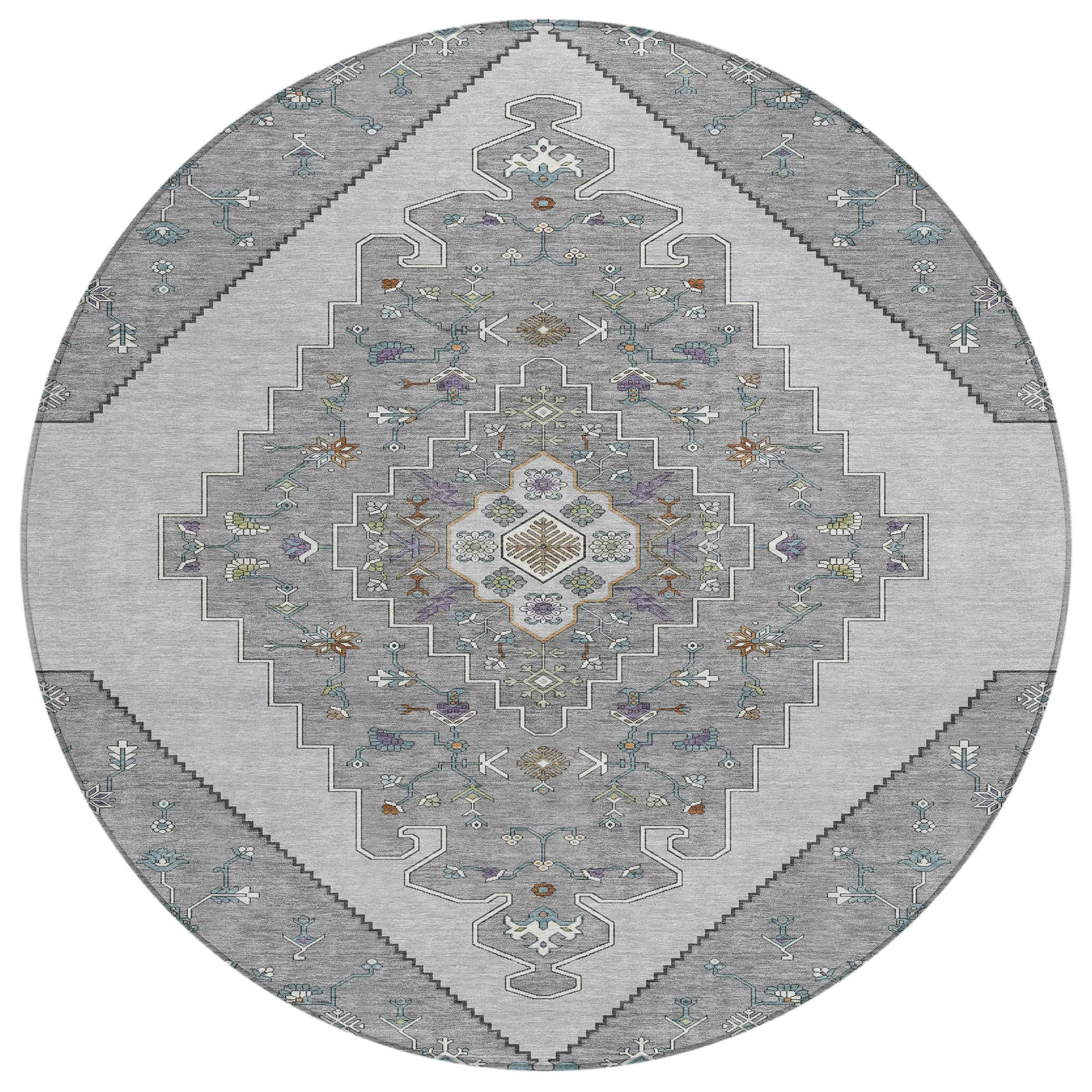 8' Gray And Silver Round Geometric Washable Indoor Outdoor Area Rug Homeroots Outdoor