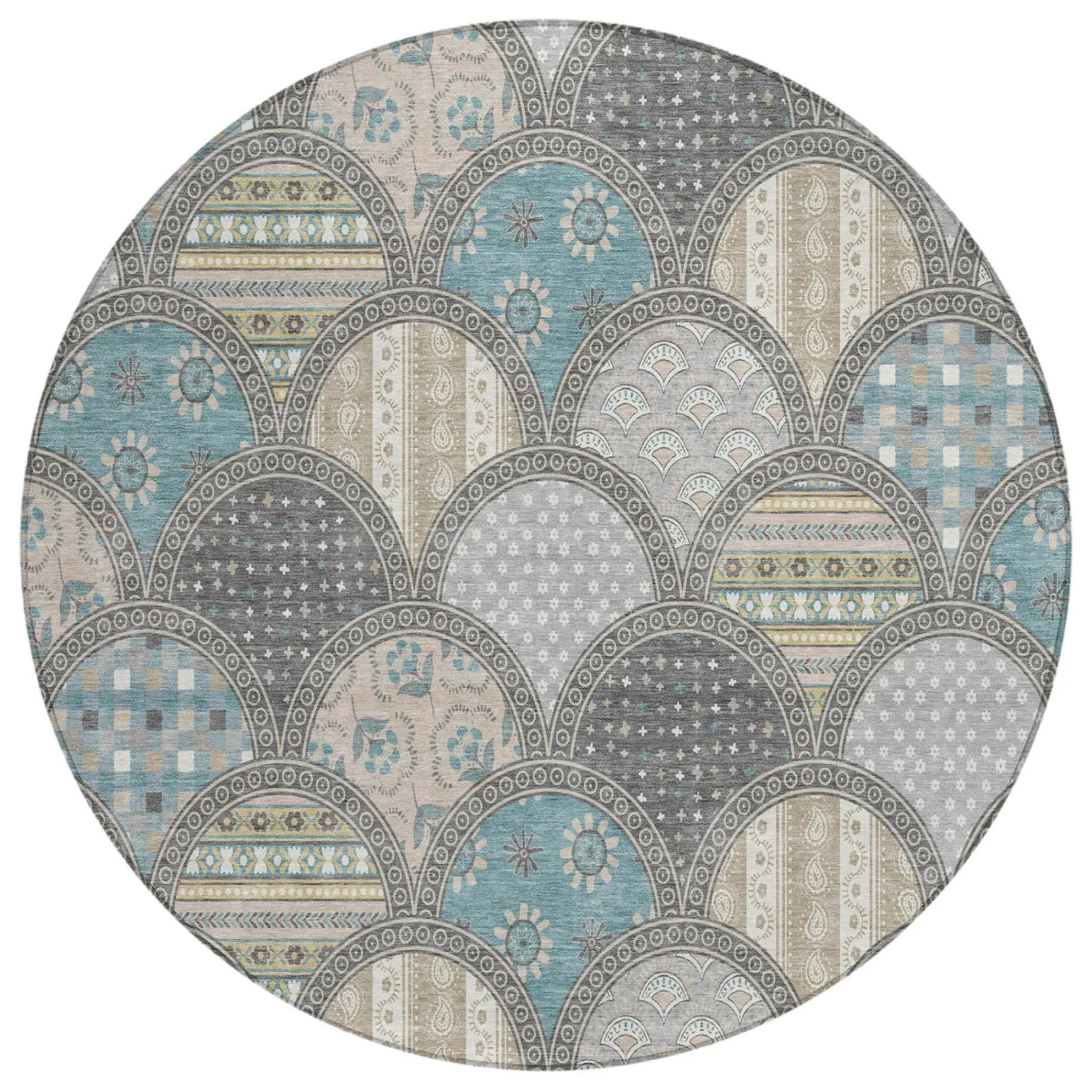 8' Gray And Silver Round Geometric Washable Indoor Outdoor Area Rug Homeroots Outdoor