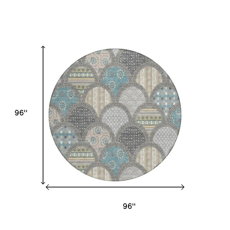 8' Gray And Silver Round Geometric Washable Indoor Outdoor Area Rug Homeroots Outdoor