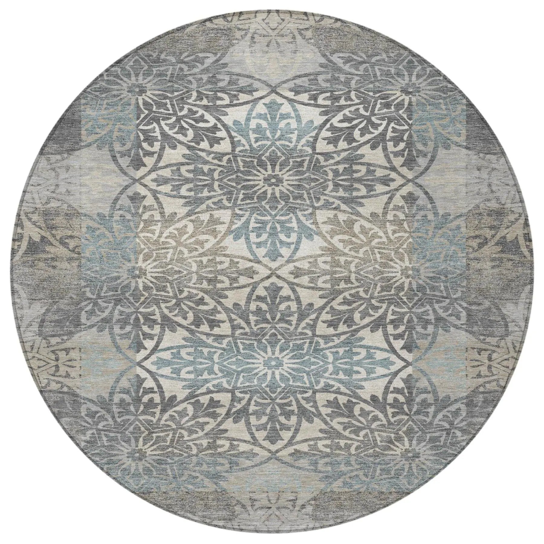 8' Gray And Silver Round Oriental Washable Indoor Outdoor Area Rug Homeroots Outdoor