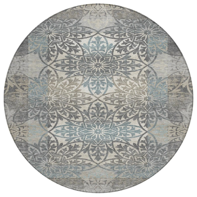 8' Gray And Silver Round Oriental Washable Indoor Outdoor Area Rug Homeroots Outdoor