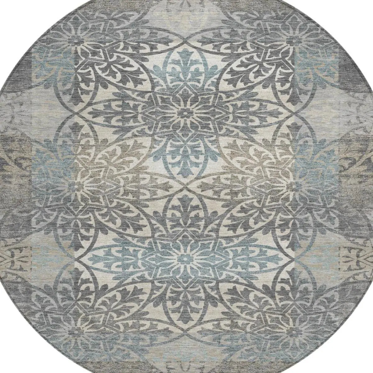 8' Gray And Silver Round Oriental Washable Indoor Outdoor Area Rug Homeroots Outdoor