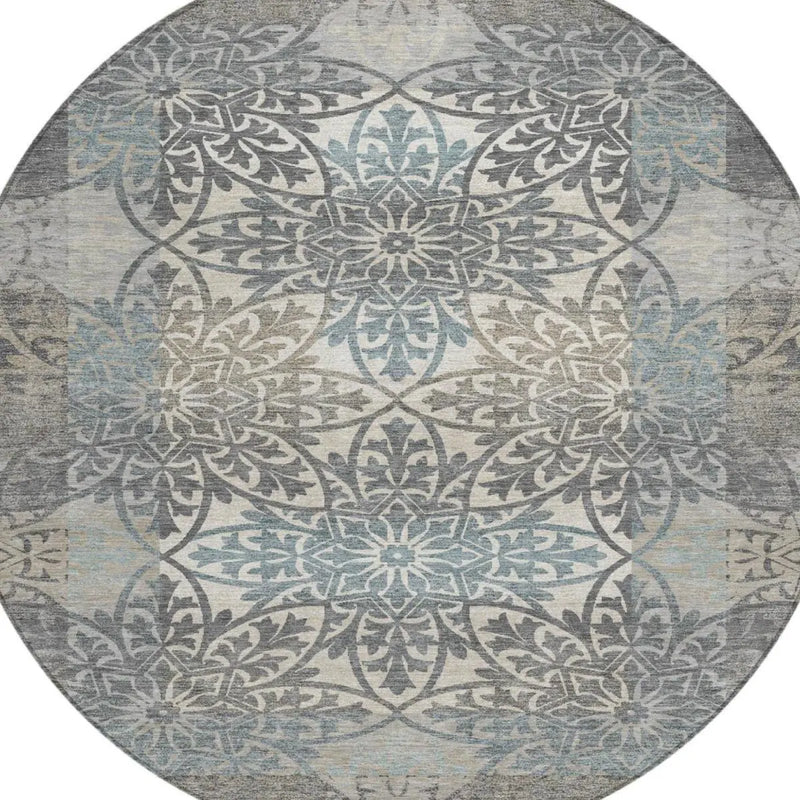 8' Gray And Silver Round Oriental Washable Indoor Outdoor Area Rug Homeroots Outdoor
