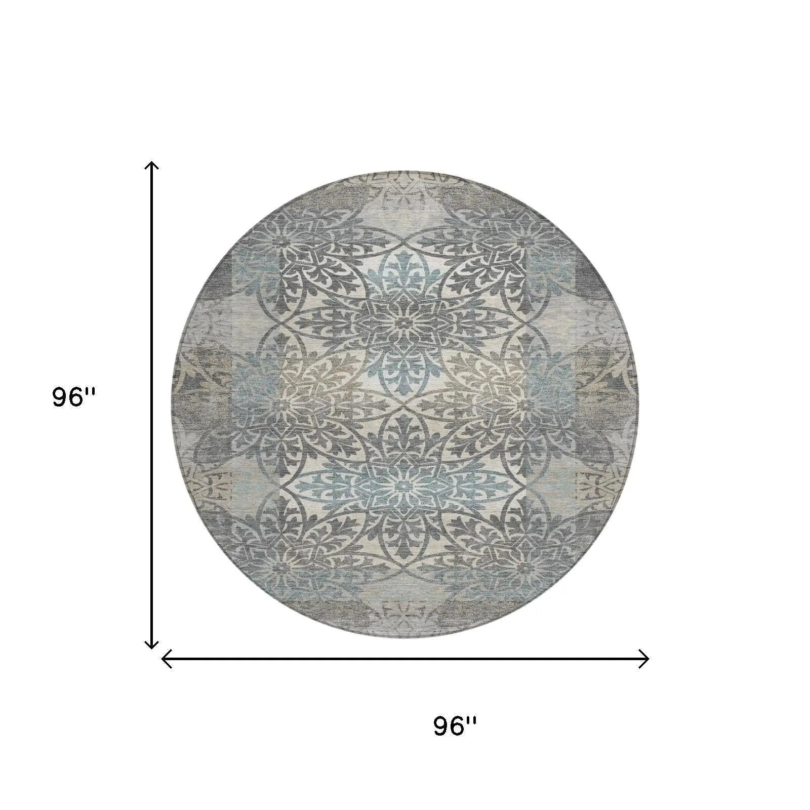 8' Gray And Silver Round Oriental Washable Indoor Outdoor Area Rug Homeroots Outdoor