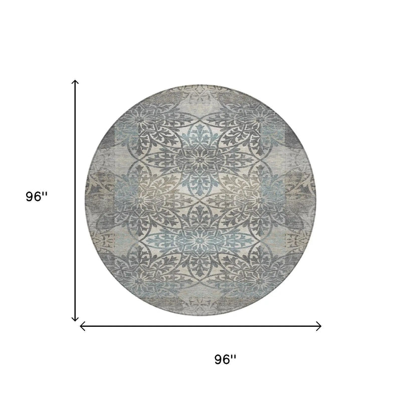 8' Gray And Silver Round Oriental Washable Indoor Outdoor Area Rug Homeroots Outdoor