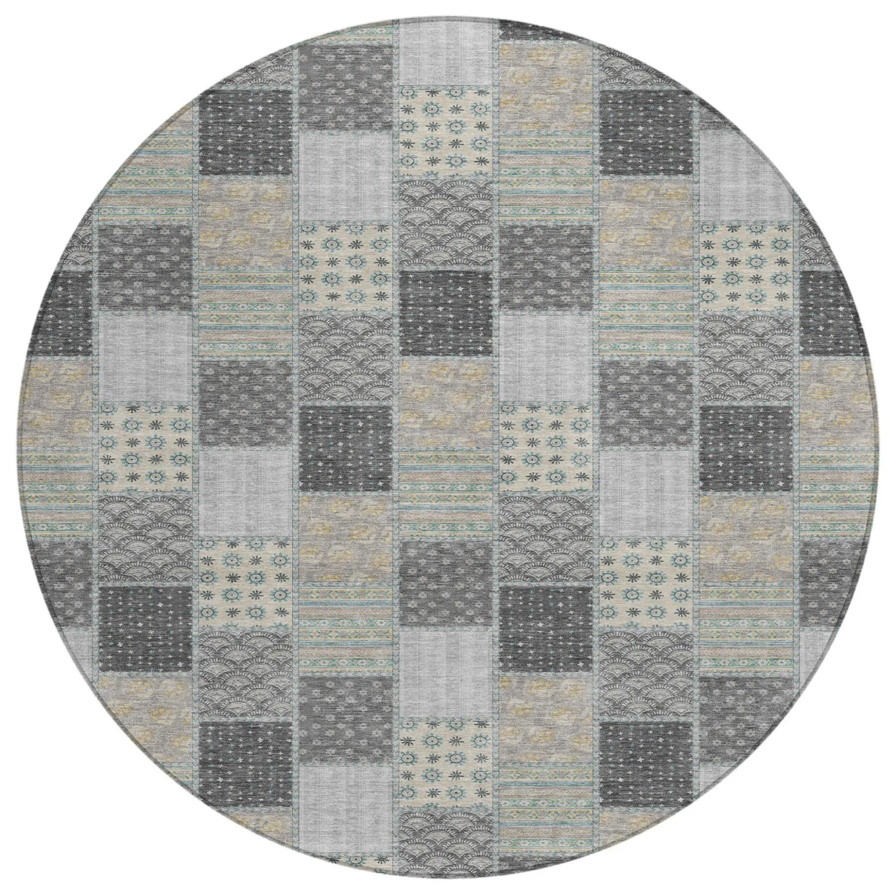 8' Gray And Silver Round Patchwork Washable Indoor Outdoor Area Rug Homeroots Outdoor