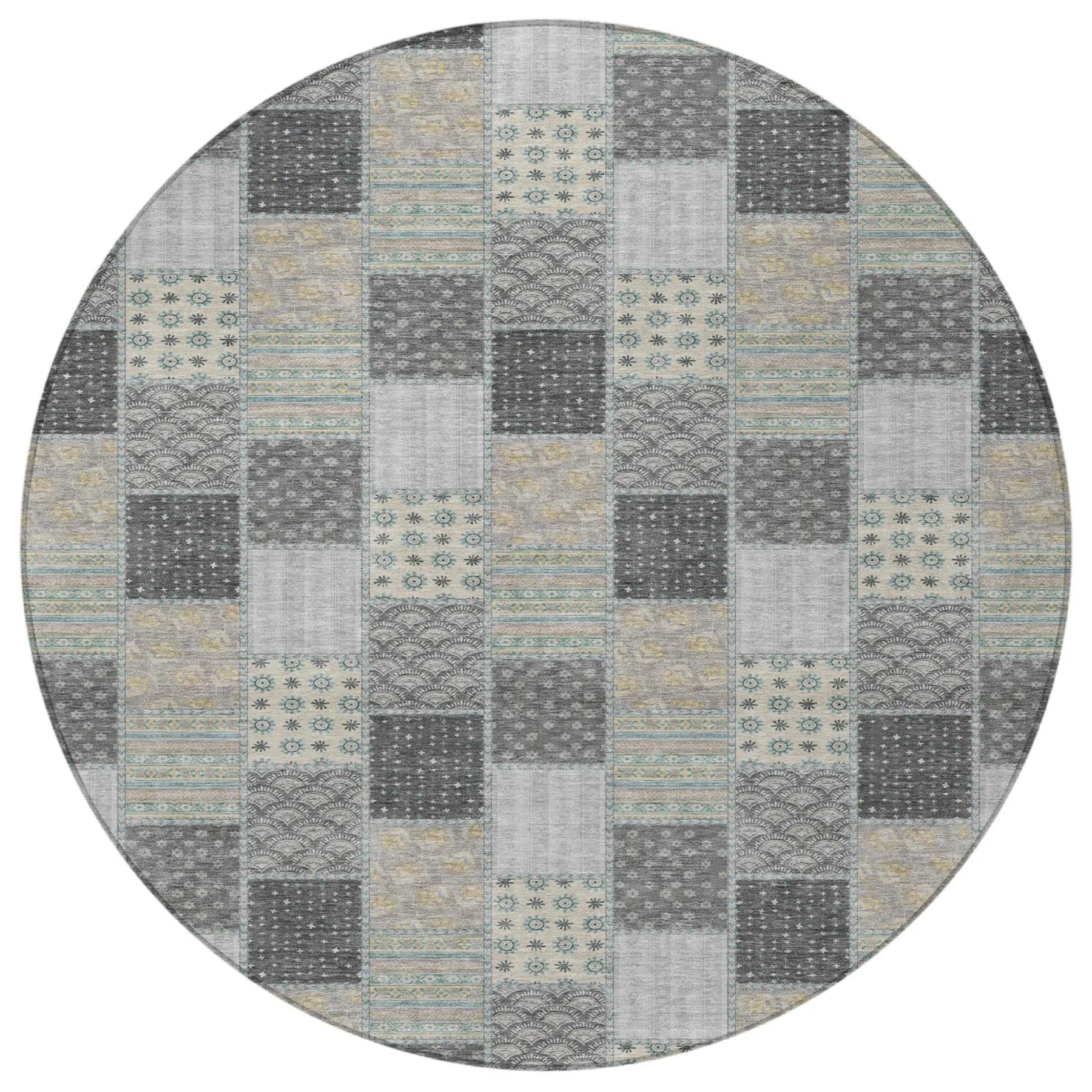 8' Gray And Silver Round Patchwork Washable Indoor Outdoor Area Rug Homeroots Outdoor