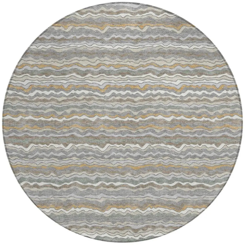 8' Gray And Silver Round Striped Washable Indoor Outdoor Area Rug Homeroots Outdoor