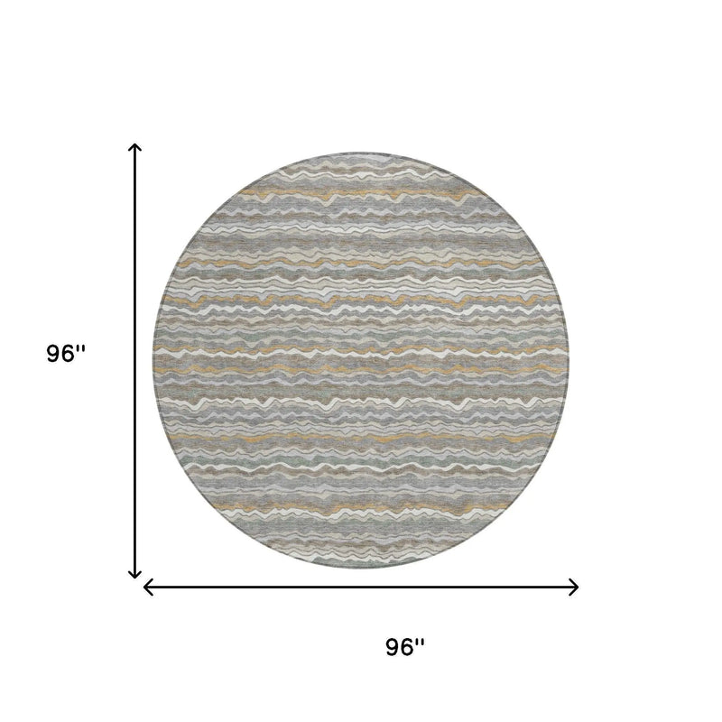8' Gray And Silver Round Striped Washable Indoor Outdoor Area Rug Homeroots Outdoor