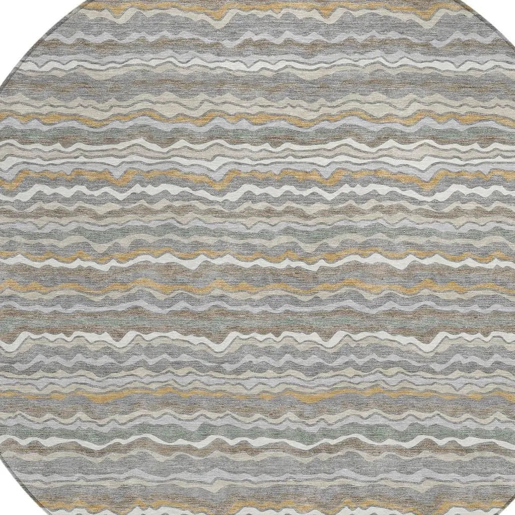 8' Gray And Silver Round Striped Washable Indoor Outdoor Area Rug Homeroots Outdoor