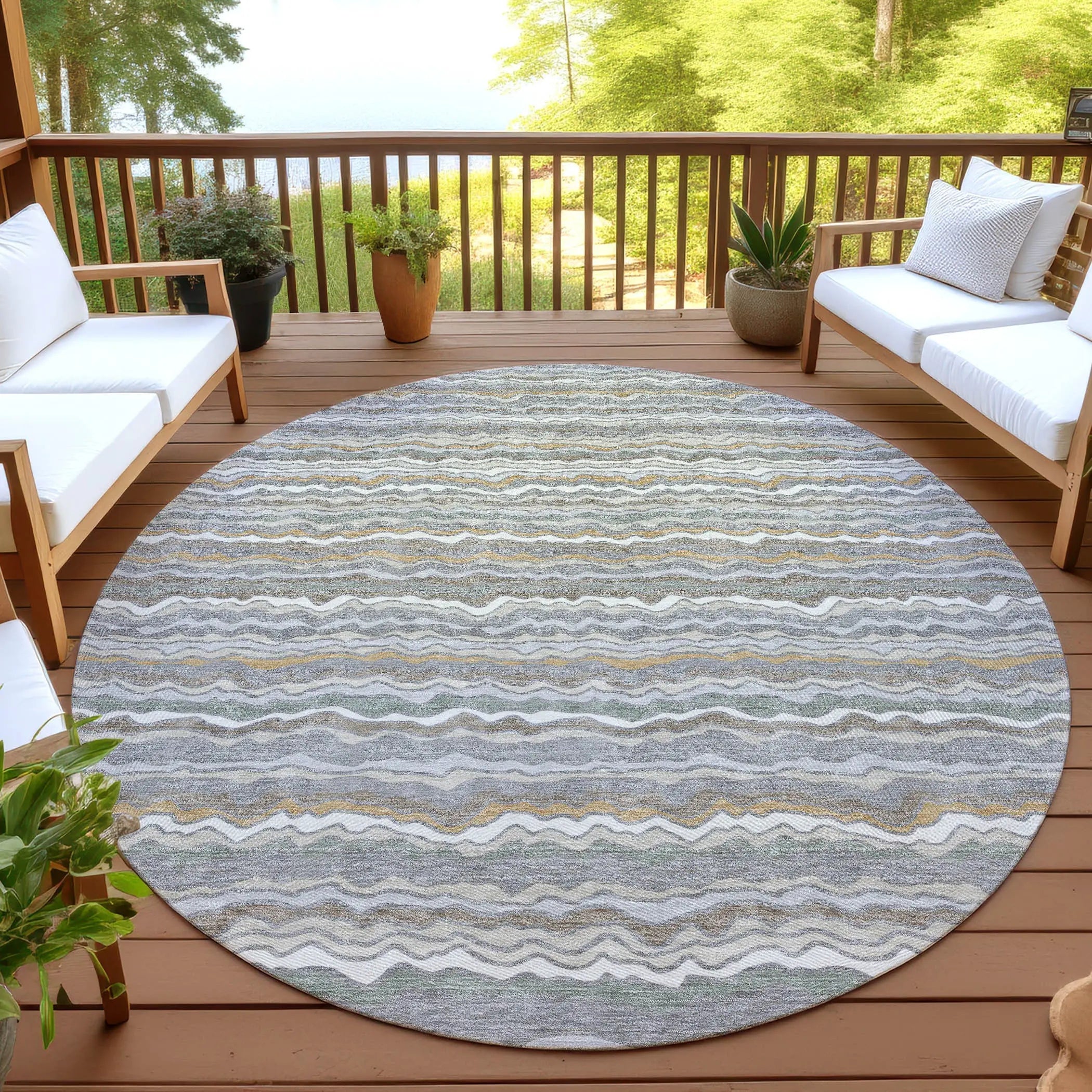 8' Gray And Silver Round Striped Washable Indoor Outdoor Area Rug Homeroots Outdoor