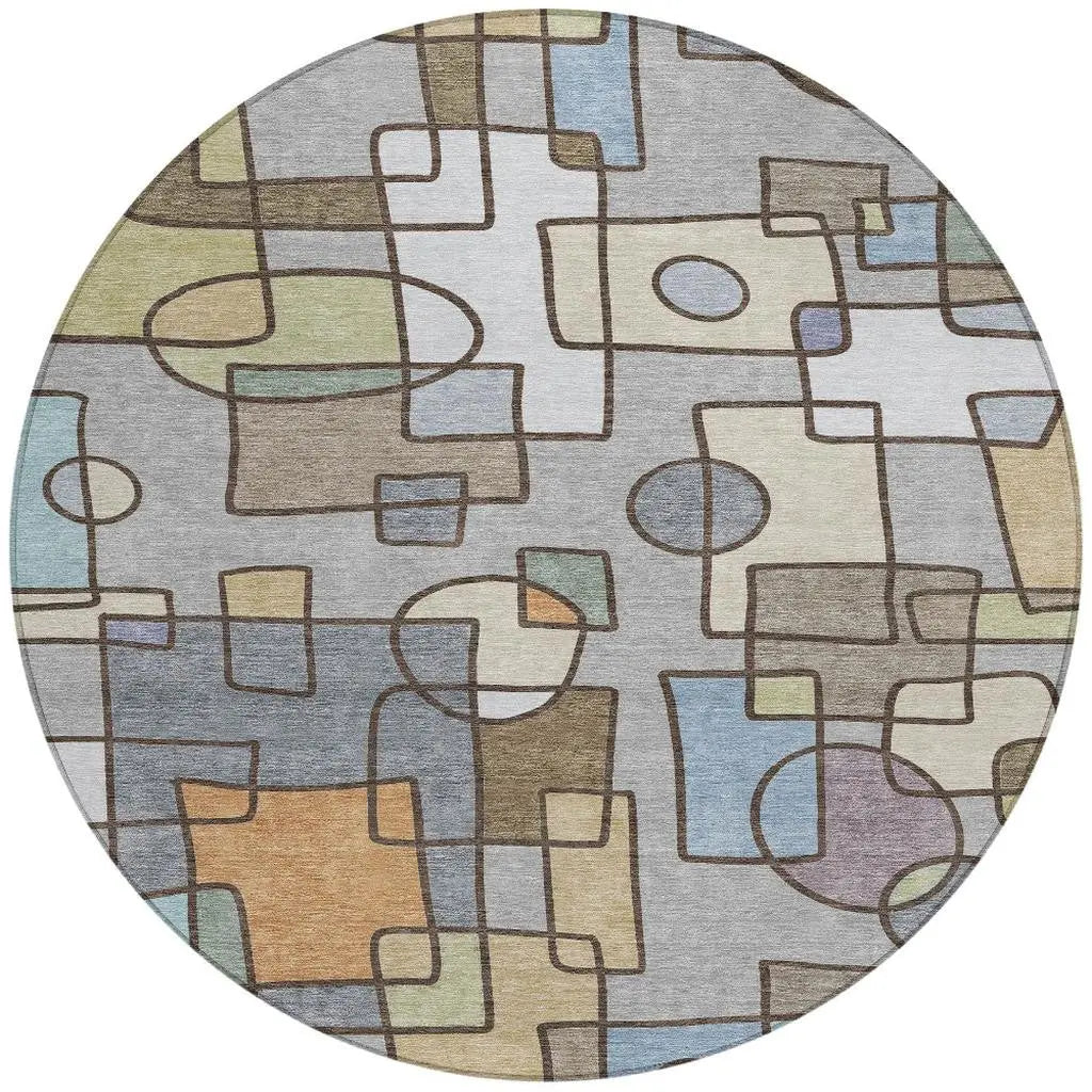 8' Gray And Sky Blue Round Geometric Washable Indoor Outdoor Area Rug Homeroots Outdoor