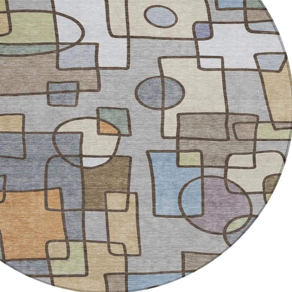8' Gray And Sky Blue Round Geometric Washable Indoor Outdoor Area Rug Homeroots Outdoor